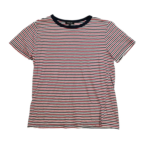 Roolee Striped Ringer T- Shirt Red White Blue Short Sleeve Women's Large Top - Picture 1 of 6